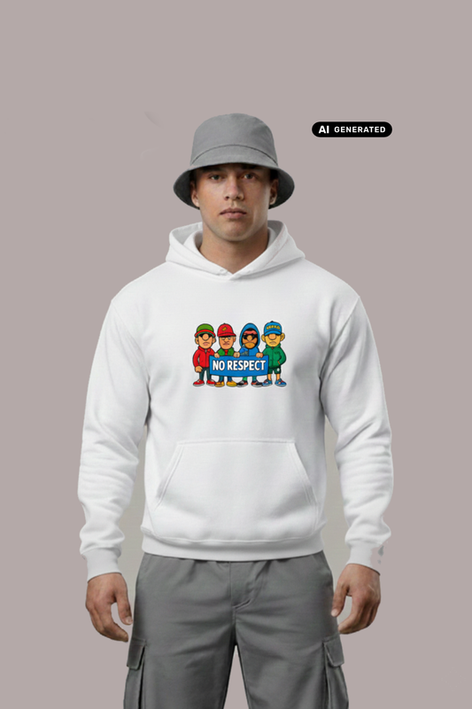 Ein Mann trägt einen weißen Hoodie mit einem bunten Comic-Grafik-Print und dem Schriftzug „NO RESPECT“.