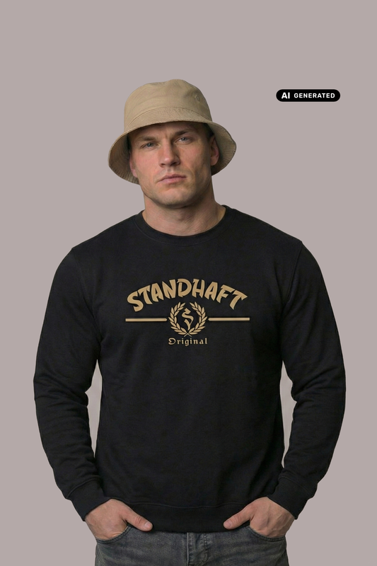Ein Mann mit beigem Anglerhut trägt einen schwarzen Pullover mit goldenem „STANDHAFT“-Schriftzug und Lorbeerkranz-Logo auf der Brust.