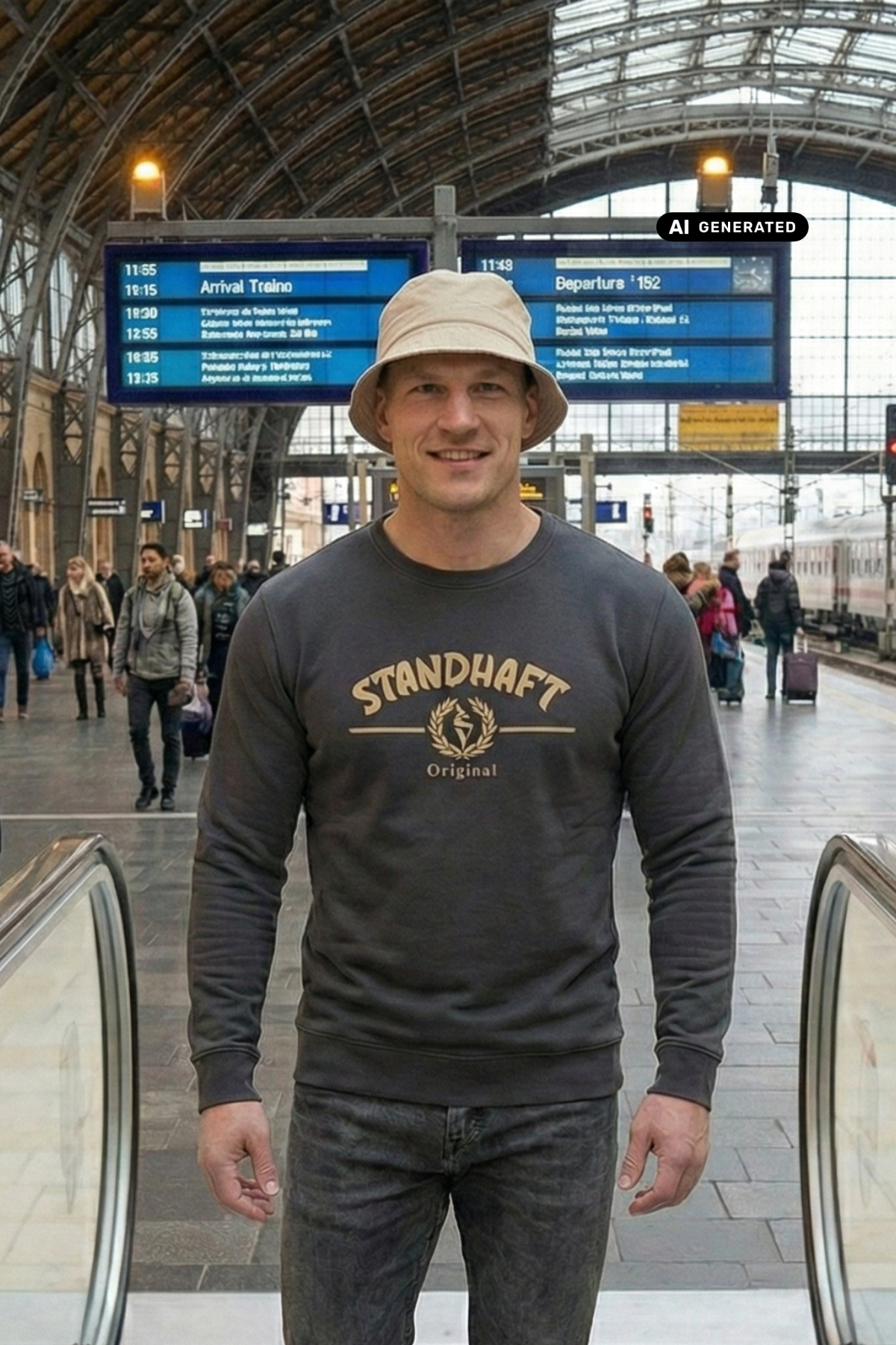Ein Mann mit beigem Anglerhut trägt einen dunkelgrauen Pullover mit goldenem „STANDHAFT“-Schriftzug und Lorbeerkranz-Logo auf der Brust.
