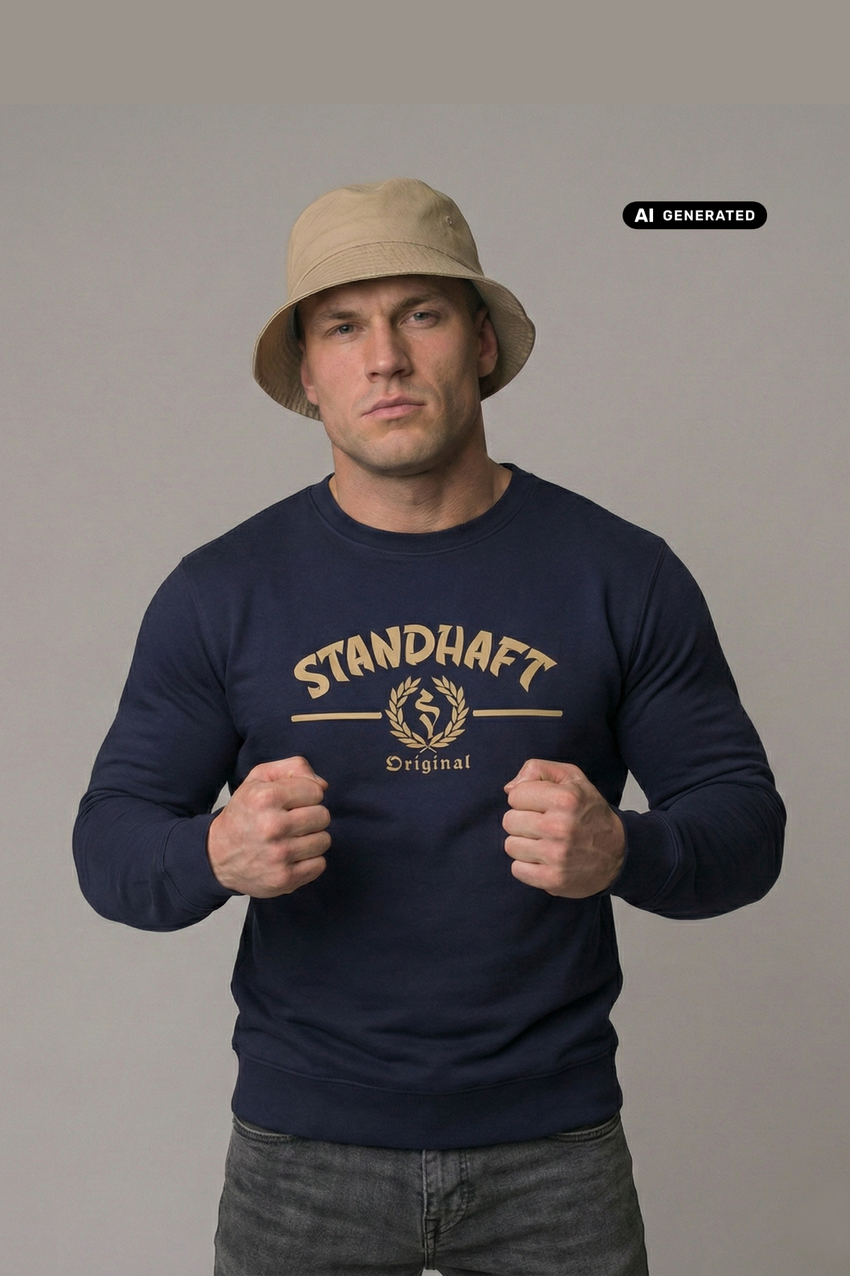 Ein Mann mit beigem Anglerhut trägt einen dunkelblauen Pullover mit goldenem „STANDHAFT“-Schriftzug und Lorbeerkranz-Logo auf der Brust.