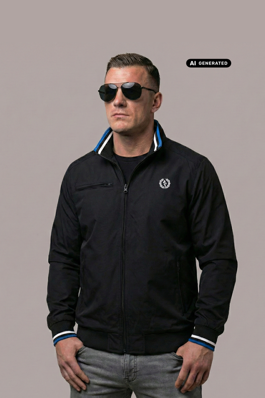 Mann mit Sonnenbrille in schwarzer Jacke mit Lorbeerkranz-Logo sowie blau-weißen Streifen an Kragen und Bündchen.