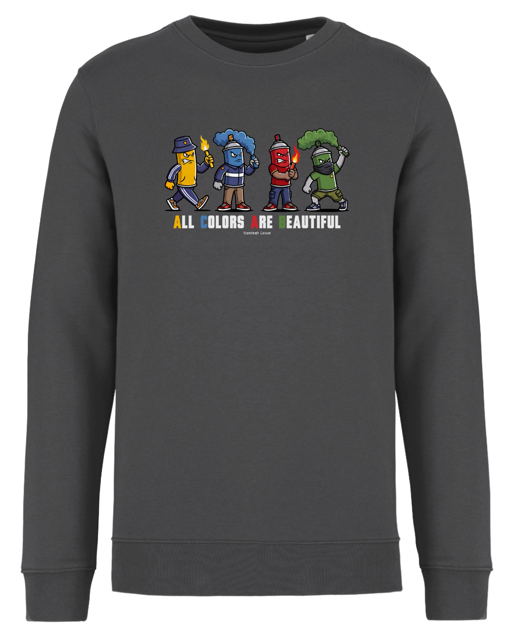 Grauer Sweatshirt-Pullover als Freisteller mit buntem „All Colors Are Beautiful“-Grafikprint auf der Brust.