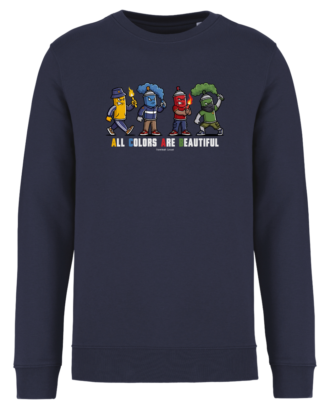 Dunkelblauer Sweatshirt-Pullover als Freisteller mit buntem „All Colors Are Beautiful“-Grafikprint auf der Brust.
