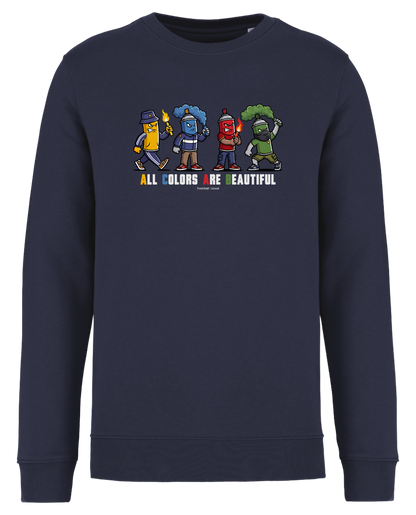 Dunkelblauer Sweatshirt-Pullover als Freisteller mit buntem „All Colors Are Beautiful“-Grafikprint auf der Brust.