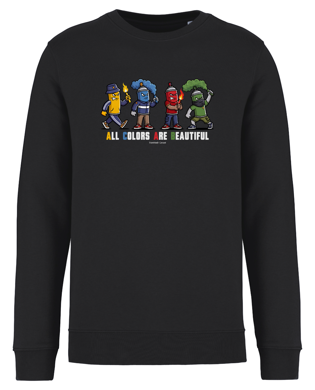 Schwarzer Sweatshirt-Pullover als Freisteller mit buntem „All Colors Are Beautiful“-Grafikprint auf der Brust.