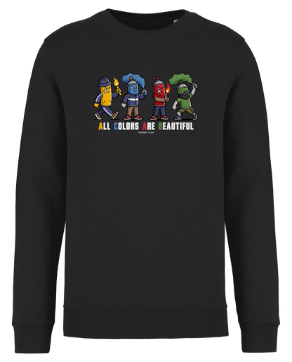 Schwarzer Sweatshirt-Pullover als Freisteller mit buntem „All Colors Are Beautiful“-Grafikprint auf der Brust.