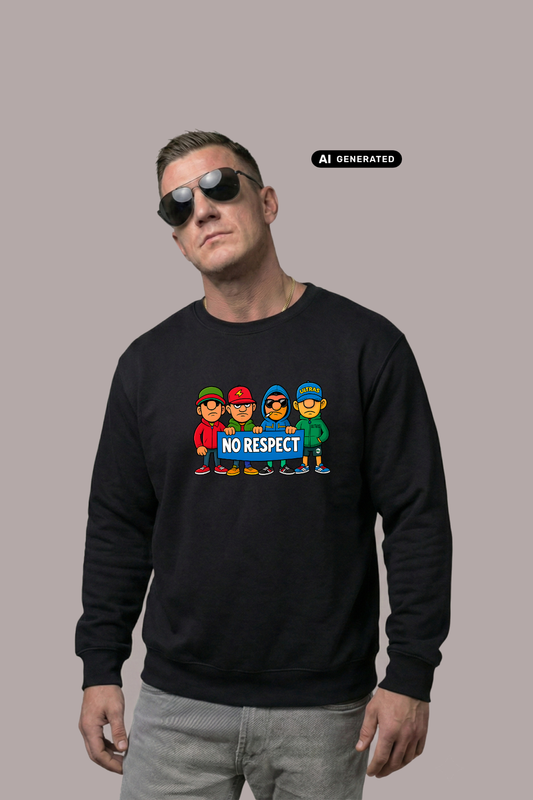 Ein Mann trägt einen schwarzen Pullover mit einem bunten Comic-Grafik-Print und dem Schriftzug „NO RESPECT“.