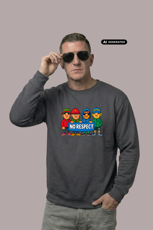 Ein Mann trägt einen dunkelgrauen Pullover mit einem bunten Comic-Grafik-Print und dem Schriftzug „NO RESPECT“.