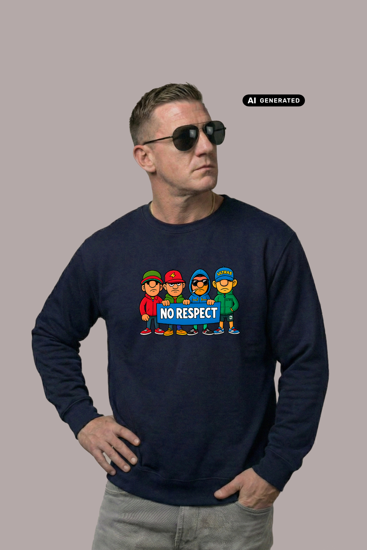 Ein Mann trägt einen dunkelblauen Pullover mit einem bunten Comic-Grafik-Print und dem Schriftzug „NO RESPECT“.