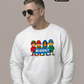 Ein Mann trägt einen weißen Pullover mit einem bunten Comic-Grafik-Print und dem Schriftzug „NO RESPECT“.