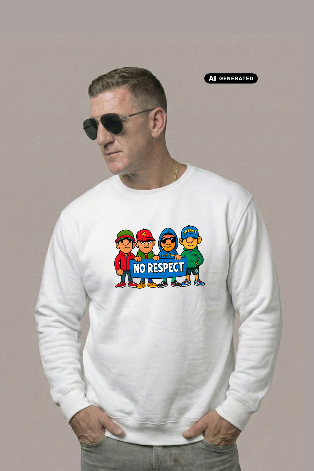 Ein Mann trägt einen weißen Pullover mit einem bunten Comic-Grafik-Print und dem Schriftzug „NO RESPECT“.