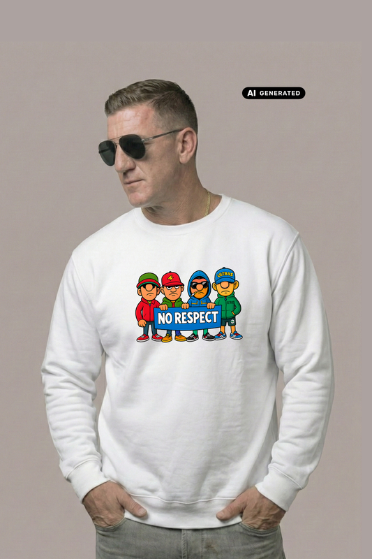 Ein Mann trägt einen weißen Pullover mit einem bunten Comic-Grafik-Print und dem Schriftzug „NO RESPECT“.