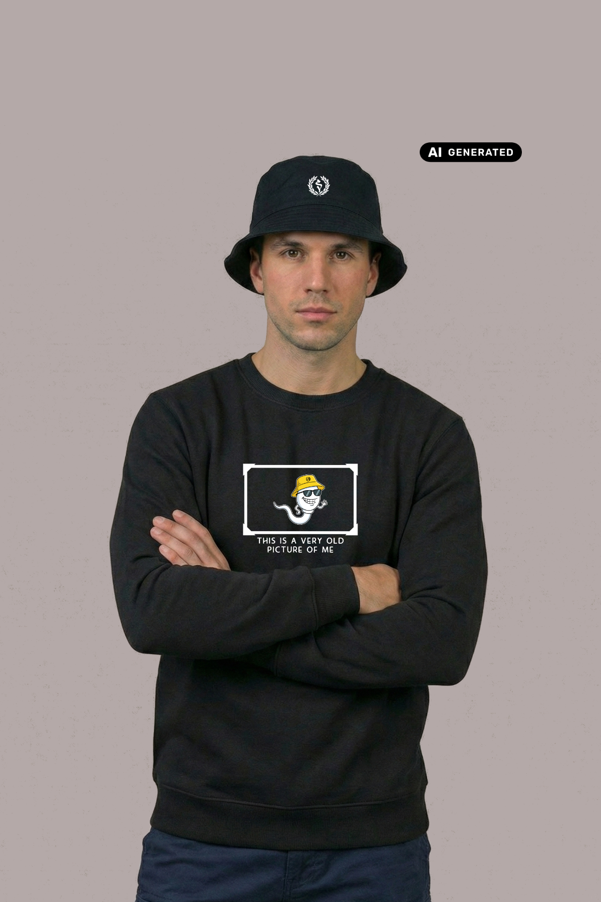 Ein Mann mit schwarzem Anglerhut trägt einen schwarzen Pullover mit einer Comic-Grafik auf der Brust.