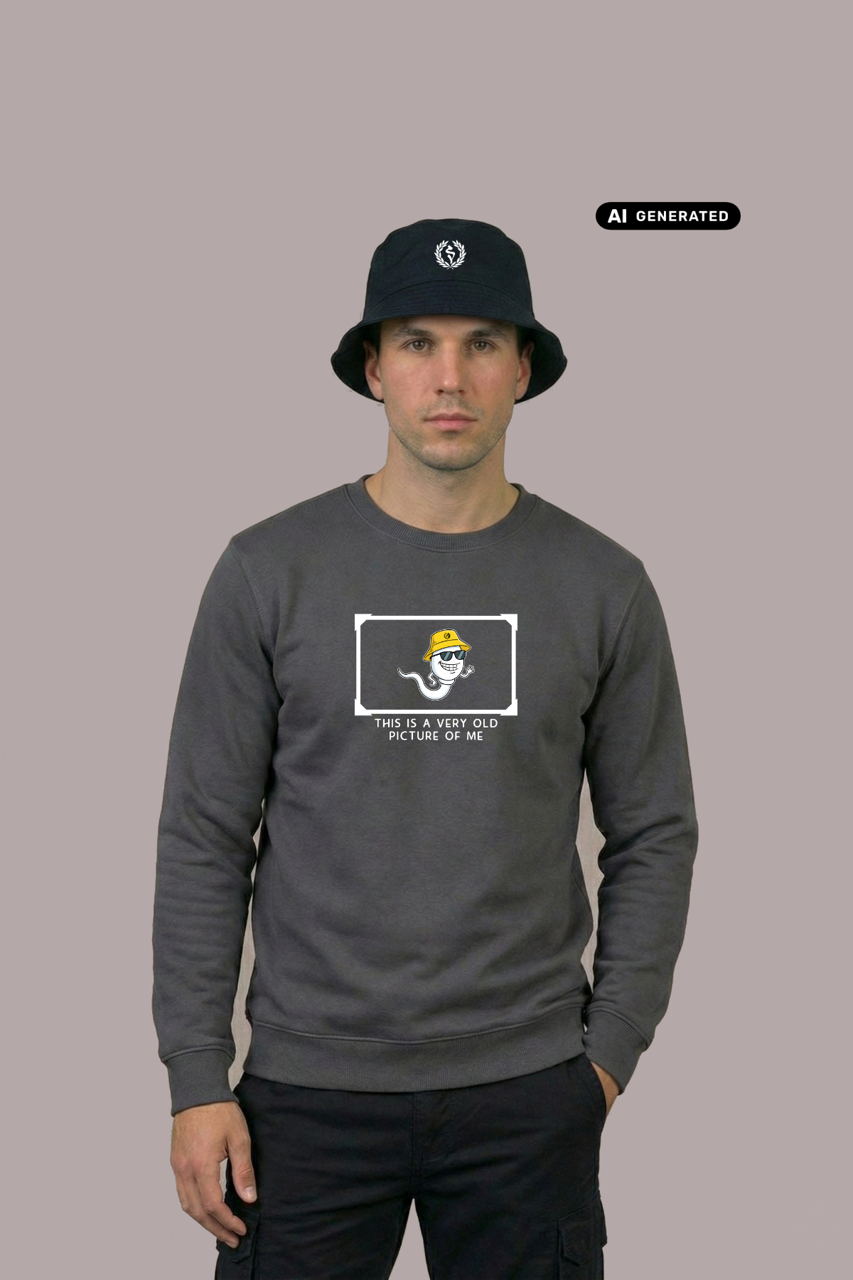 Ein Mann mit Anglerhut trägt einen dunkelgrauen Pullover mit einer Comic-Grafik auf der Brust.