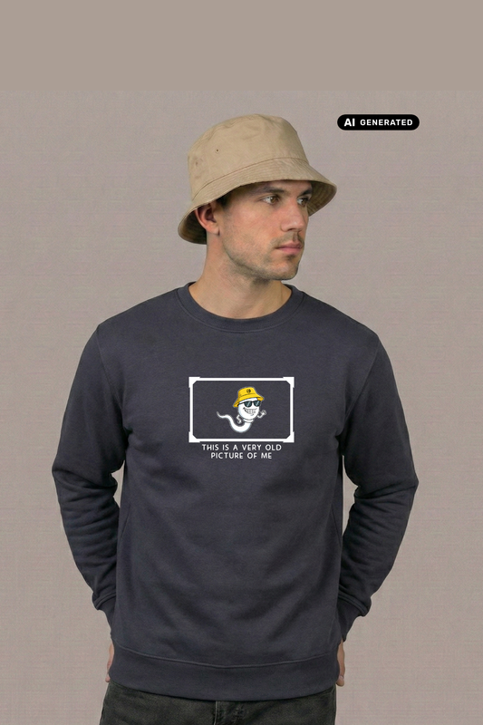 Ein Mann mit beigem Anglerhut trägt einen dunkelblauen Pullover mit einer Comic-Grafik auf der Brust.