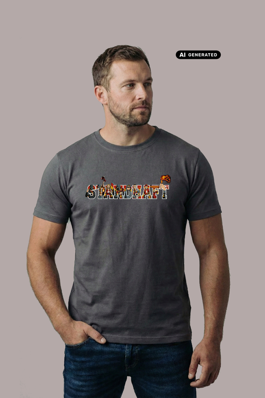 Mann blickt zur Seite und trägt ein dunkelgraues Shirt mit bunt gefülltem „STANDHAFT“-Schriftzug auf der Brust.
