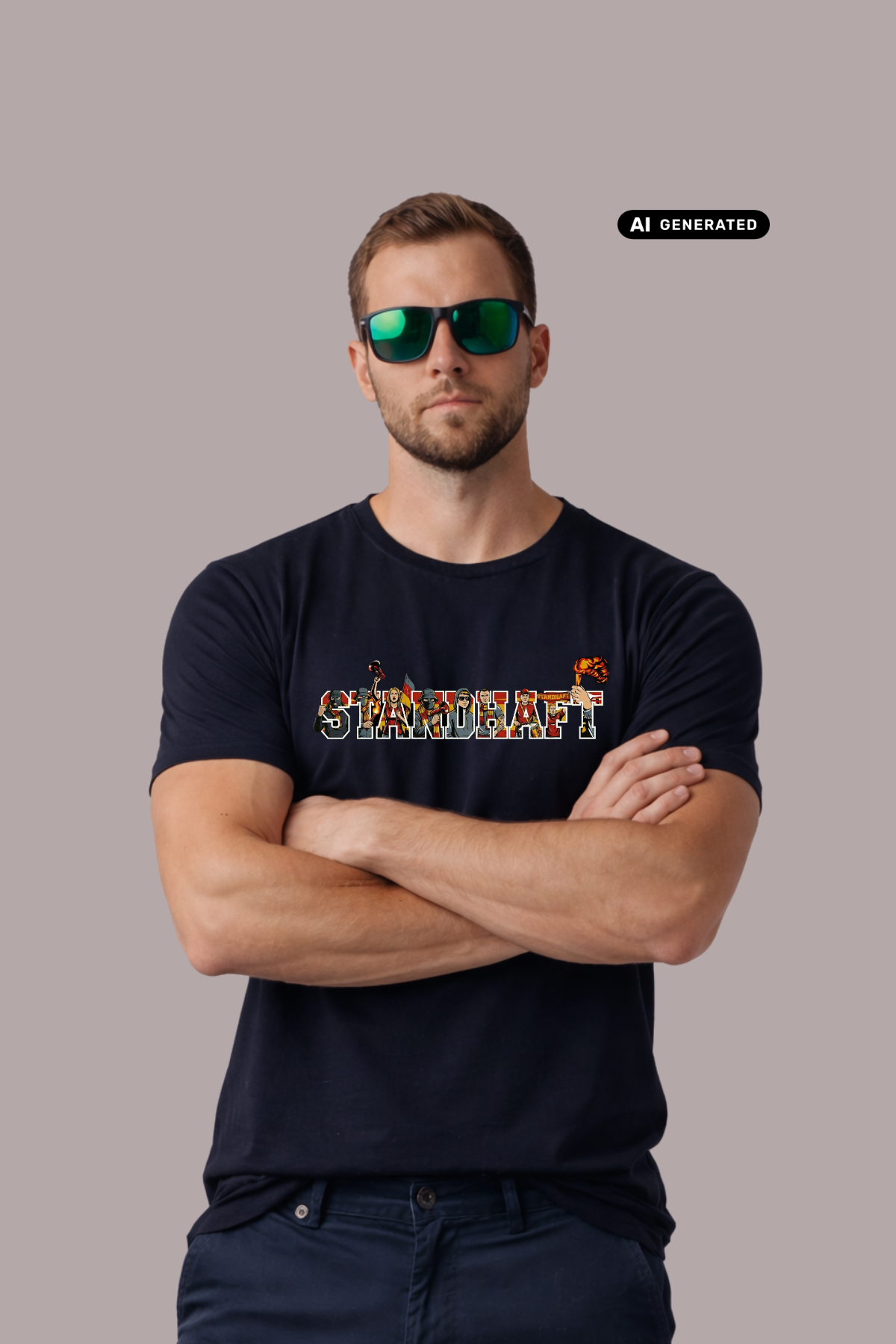 Dunkelblaues T-Shirt mit „STANDHAFT“-Schriftzug samt Fankurven-Grafik, getragen von einem Mann mit Sonnenbrille.