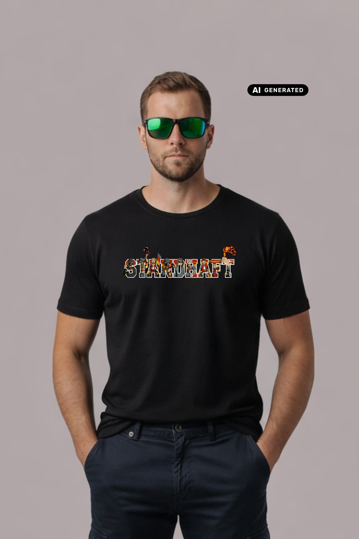 Schwarzes T-Shirt mit „STANDHAFT“-Schriftzug samt Fankurven-Grafik, getragen von einem Mann mit Sonnenbrille.