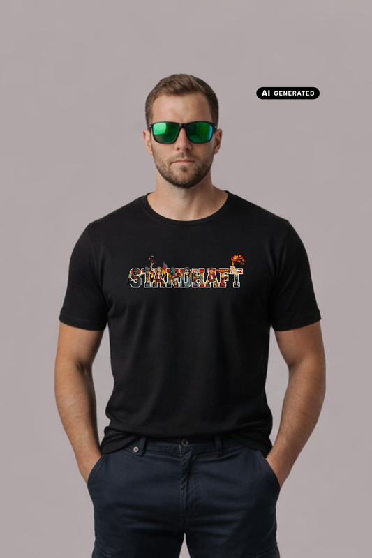 Schwarzes T-Shirt mit „STANDHAFT“-Schriftzug samt Fankurven-Grafik, getragen von einem Mann mit Sonnenbrille.