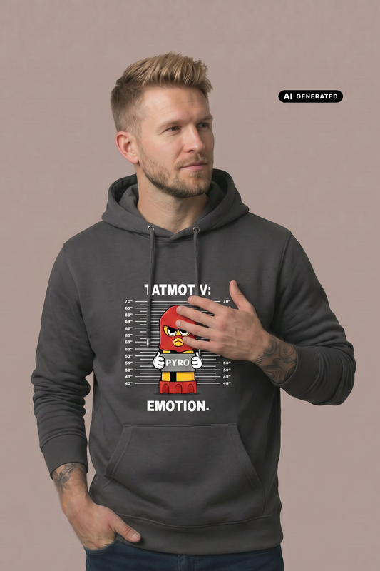 Ein Mann trägt einen dunkelgrauen Hoodie mit einem bunten Comic-Grafik-Print einer Pyro-Figur vor einer Größenskala.