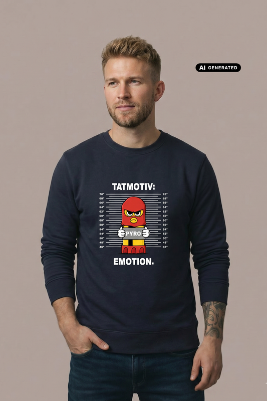 Ein Mann trägt einen dunkelblauen Pullover mit dem Comic-Print einer Pyro-Figur vor einer Größenskala und Schriftzügen.