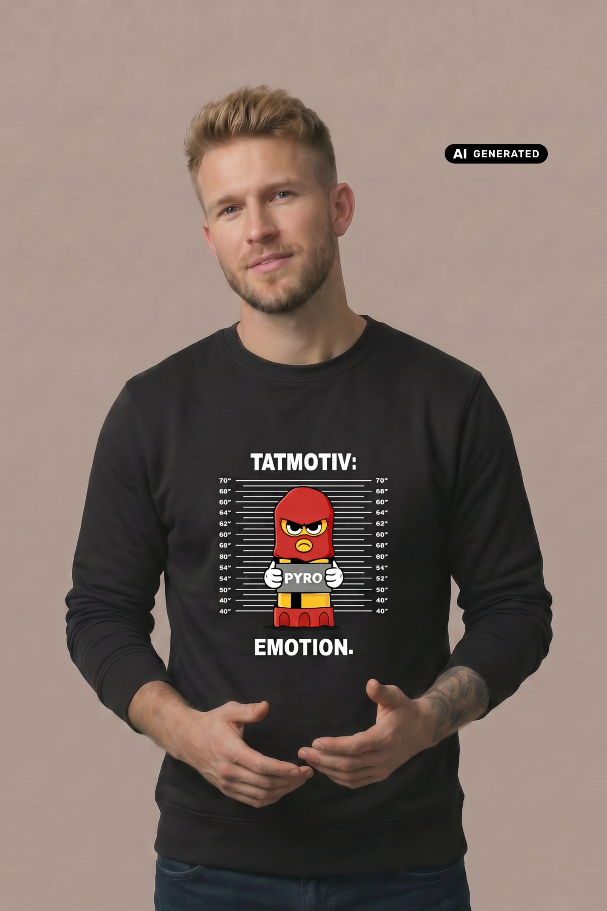 Ein Mann trägt einen schwarzen Pullover mit dem Comic-Print einer Pyro-Figur vor einer Größenskala und Schriftzügen.