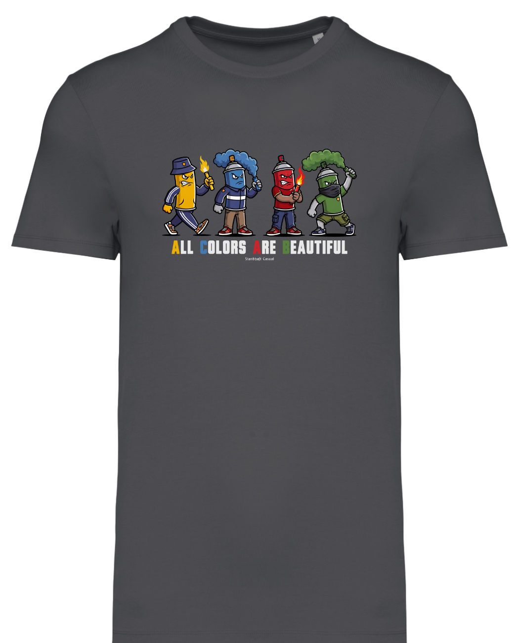 Graues T-Shirt als Produktfreisteller mit buntem „All Colors Are Beautiful“-Grafikprint auf der Brust.