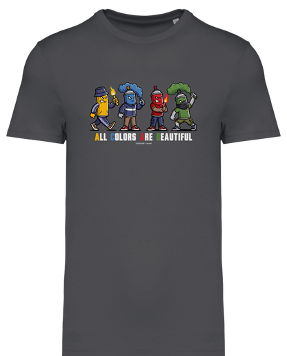 Graues T-Shirt als Produktfreisteller mit buntem „All Colors Are Beautiful“-Grafikprint auf der Brust.