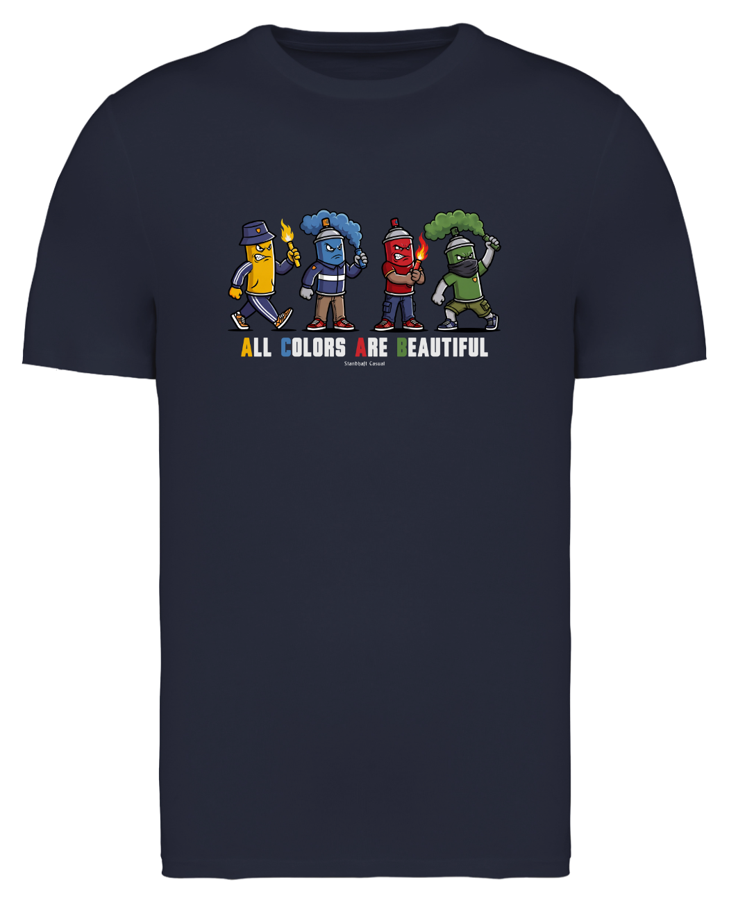 Dunkelblaues T-Shirt als Produktfreisteller mit buntem „All Colors Are Beautiful“-Grafikprint auf der Brust.