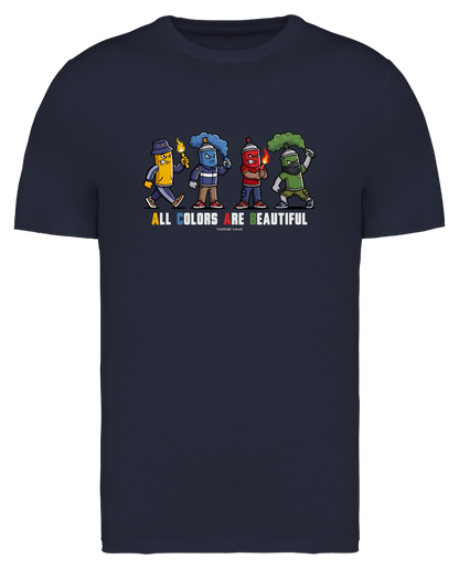 Dunkelblaues T-Shirt als Produktfreisteller mit buntem „All Colors Are Beautiful“-Grafikprint auf der Brust.