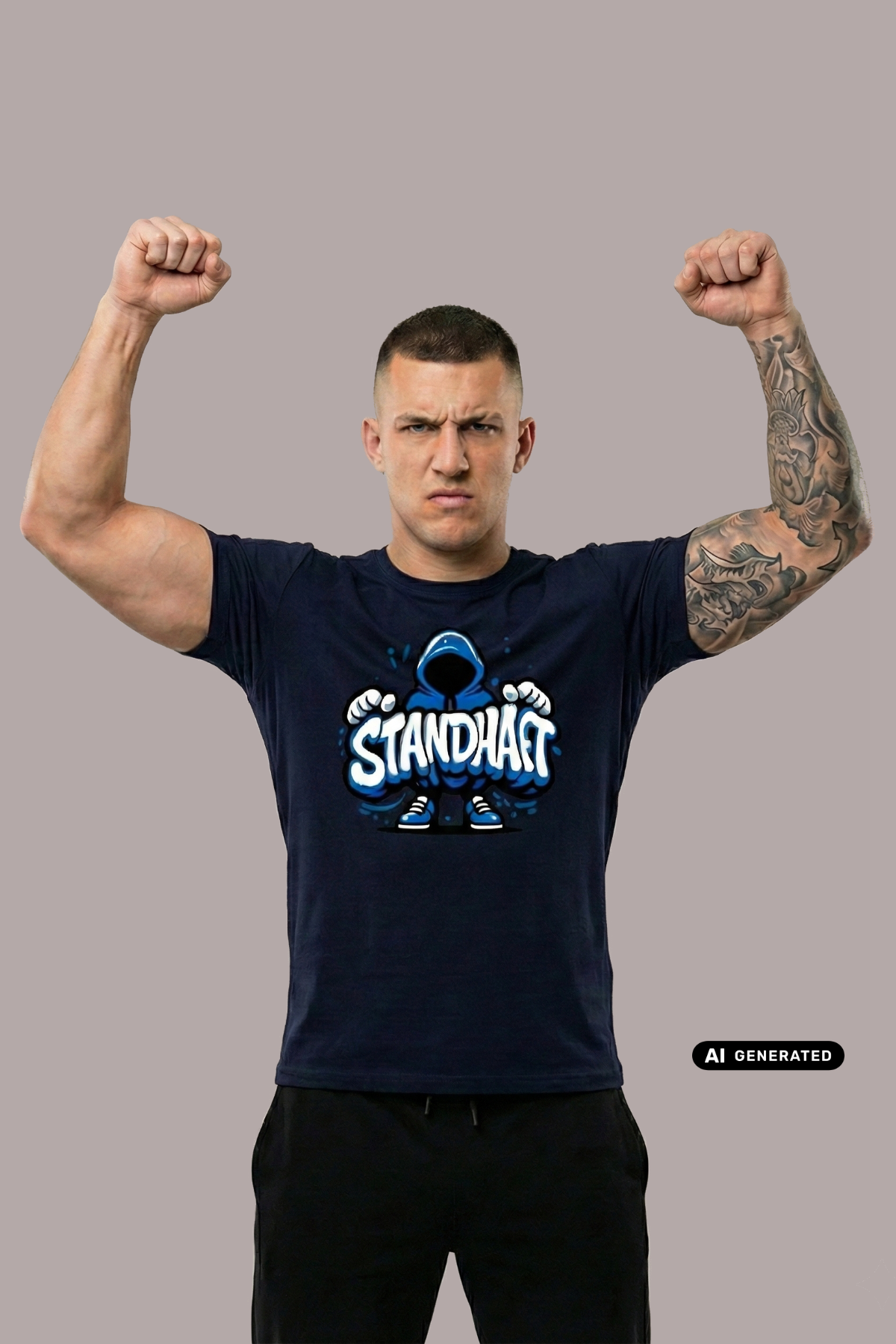 Ein Mann trägt ein dunkelblaues T-Shirt mit einem blauen Comic-Grafik-Print und dem Schriftzug „STANDHAFT“.