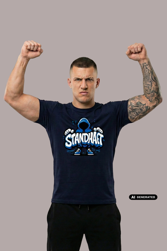 Ein Mann trägt ein dunkelblaues T-Shirt mit einem blauen Comic-Grafik-Print und dem Schriftzug „STANDHAFT“.