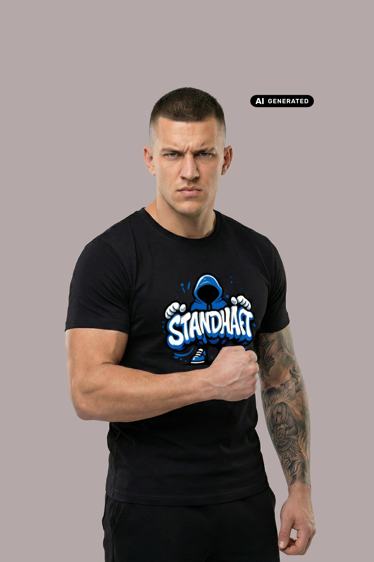 Ein Mann trägt ein schwarzes T-Shirt mit einem blauen Comic-Grafik-Print und dem Schriftzug „STANDHAFT“.