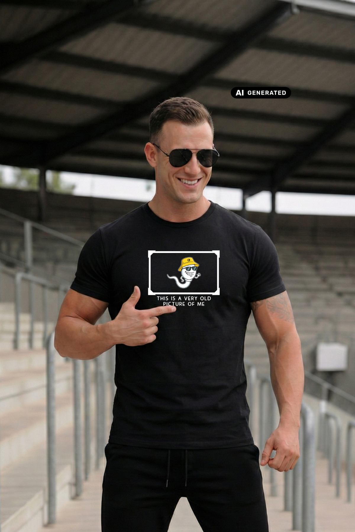 Ein Mann mit Sonnenbrille trägt ein schwarzes T-Shirt mit einer Comic-Grafik auf der Brust.