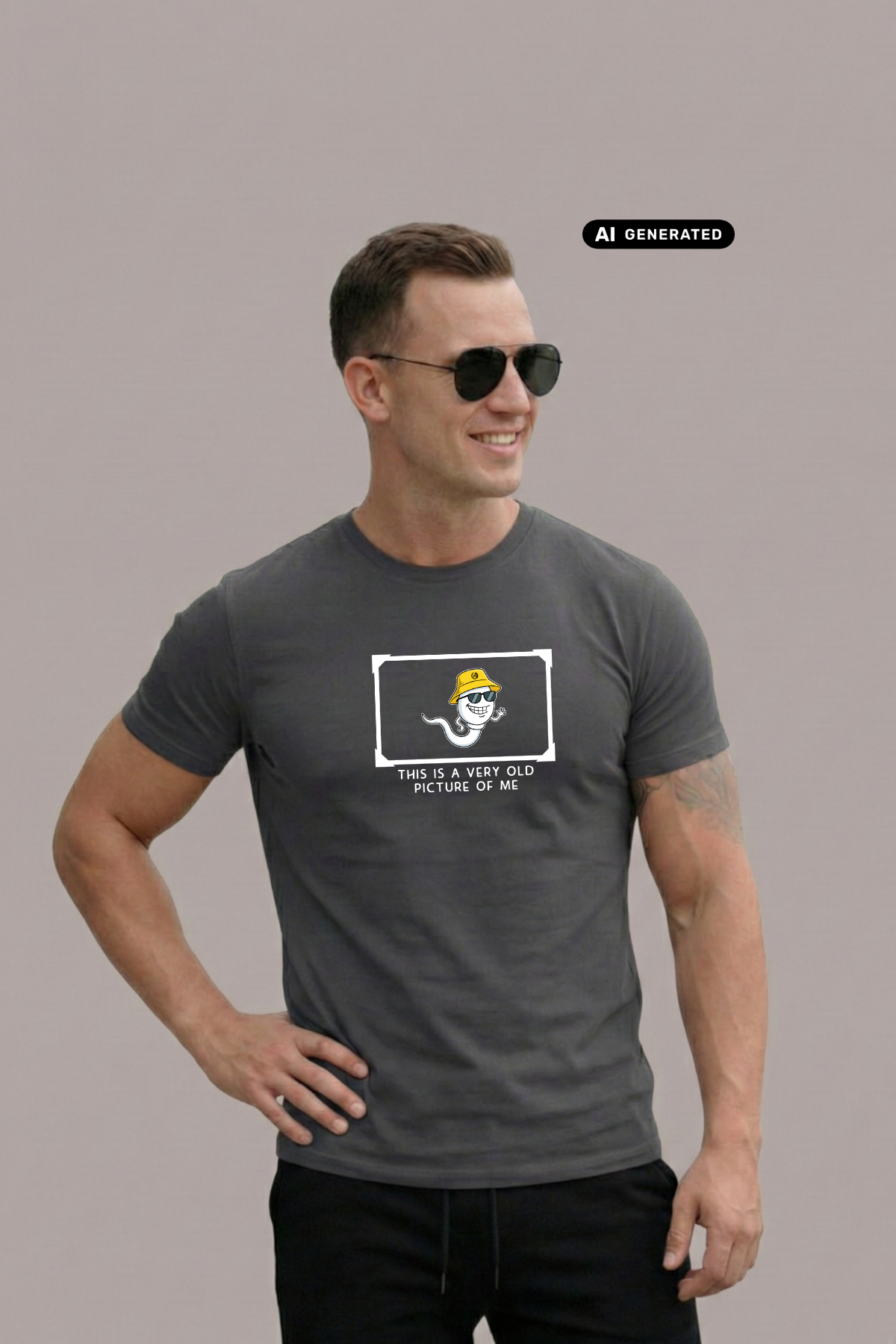 Ein Mann mit Sonnenbrille trägt ein dunkelgraues T-Shirt mit einer Comic-Grafik auf der Brust.