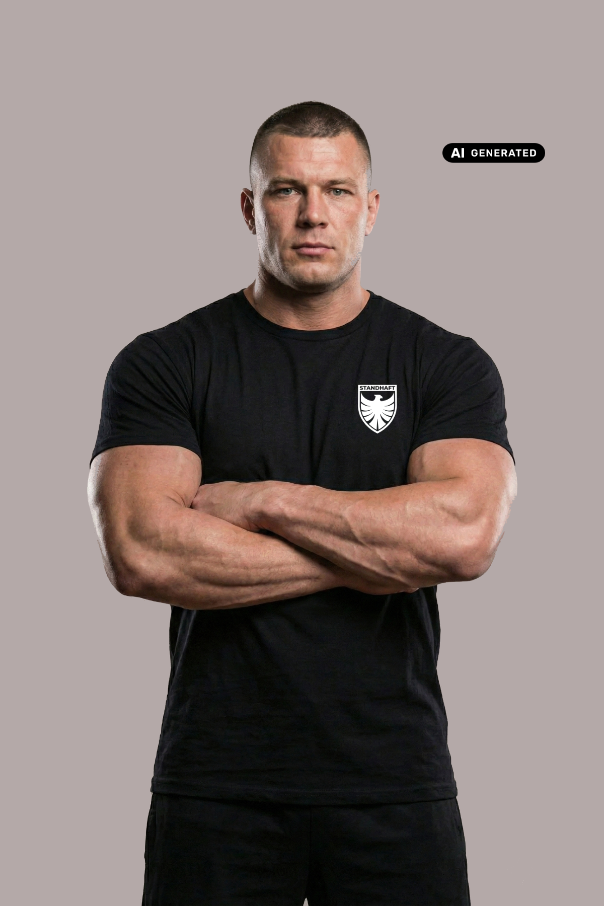 Ein Mann mit verschränkten Armen trägt ein schwarzes T-Shirt mit einem weißen Wappen-Logo samt Adlergrafik und „STANDHAFT“-Schriftzug auf der linken Brust.