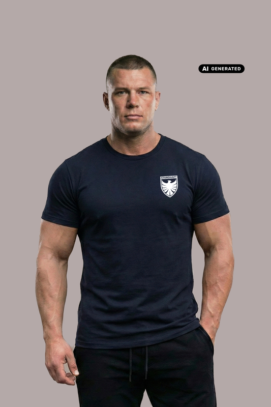 Ein Mann in frontaler Pose trägt ein dunkelblaues T-Shirt mit einem weißen Wappen-Logo samt Adlergrafik und „STANDHAFT“-Schriftzug auf der linken Brust.