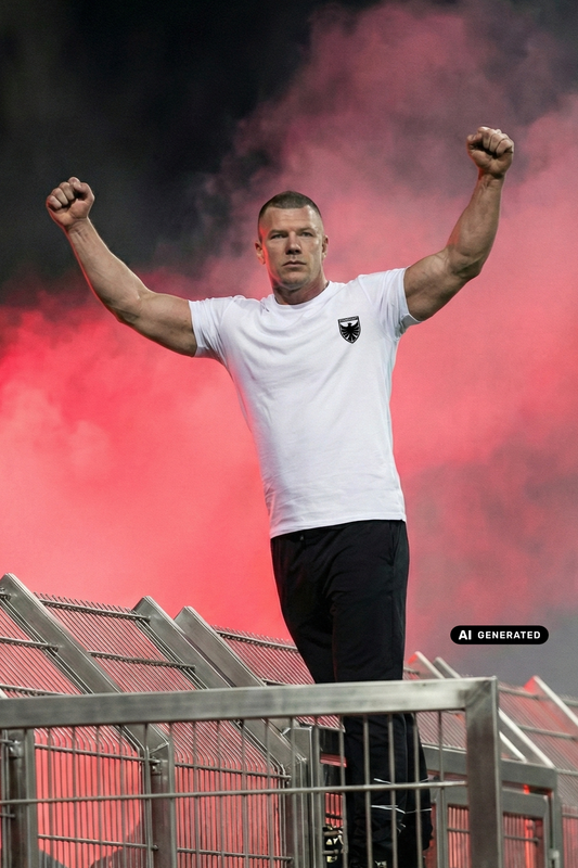 Ein Mann auf einem Stadionzaun mit beiden Fäusten in der Luft trägt ein weißes T-Shirt mit einem schwarzen Wappen-Logo samt Adlergrafik und „STANDHAFT“-Schriftzug auf der linken Brust, während im Hintergrund roter Rauch aufsteigt.