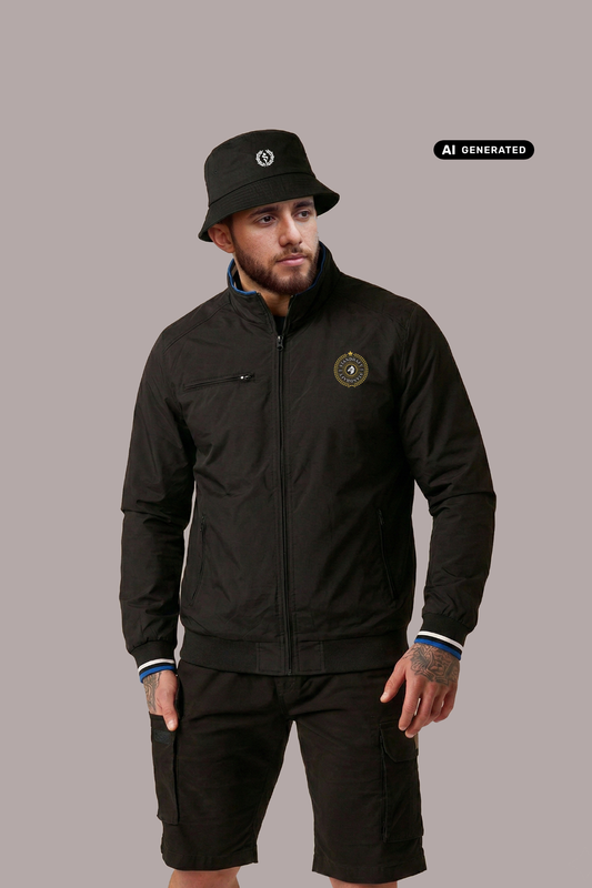 Ein Mann mit schwarzem Anglerhut trägt eine schwarze Bomberjacke mit einem kreisförmigen, gelb-schwarzen „STANDHAFT“-Logo samt kleiner Krone auf der linken Brust.
