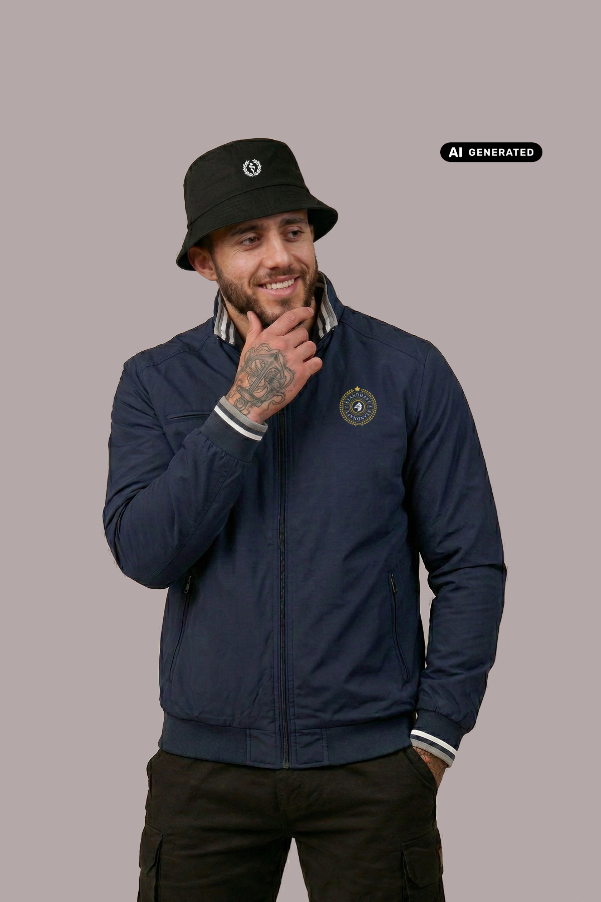 Ein Mann mit schwarzem Anglerhut trägt eine dunkelblaue Bomberjacke mit einem kreisförmigen, gelb-blauen „STANDHAFT“-Logo samt kleiner Krone auf der linken Brust.