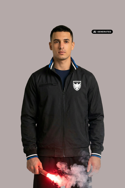 Ein Mann trägt eine schwarze Bomberjacke mit blau-weiß gestreiften Kragen- und Ärmelbündchen sowie einem weißen Wappen-Logo samt Adlergrafik und „STANDHAFT“-Schriftzug auf der linken Brust, während er eine brennende, rauchende Fackel in der Hand hält.