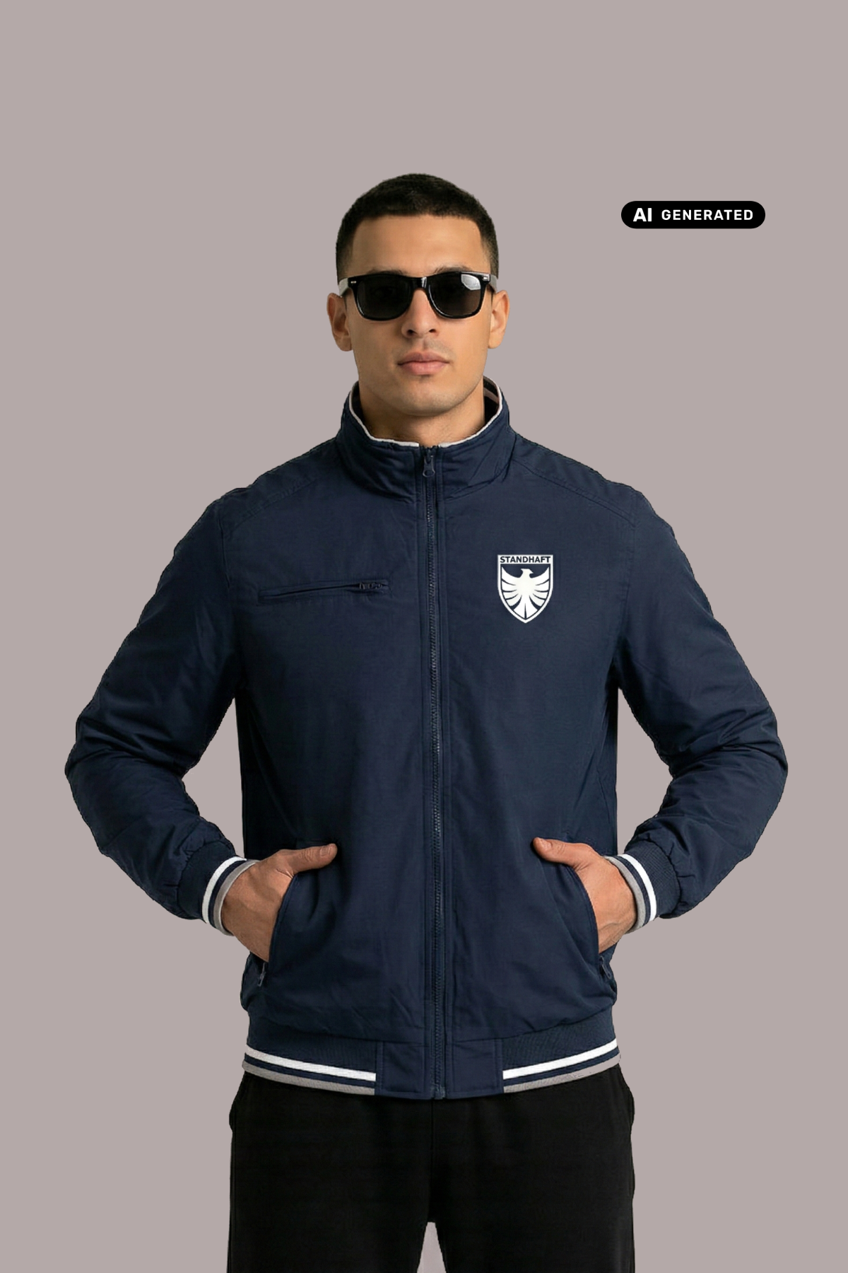 Ein Mann mit Sonnenbrille und den Händen in den Taschen trägt eine dunkelblaue Bomberjacke mit weiß-grauen Streifenbündchen und einem weißen Wappen-Logo samt Adlergrafik und „STANDHAFT“-Schriftzug auf der linken Brust.