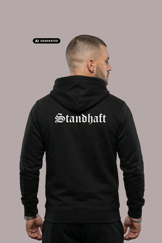 Ein Mann von hinten in einem schwarzen Hoodie mit weißem „Standhaft“-Schriftzug im altdeutschen Stil auf dem Rücken.