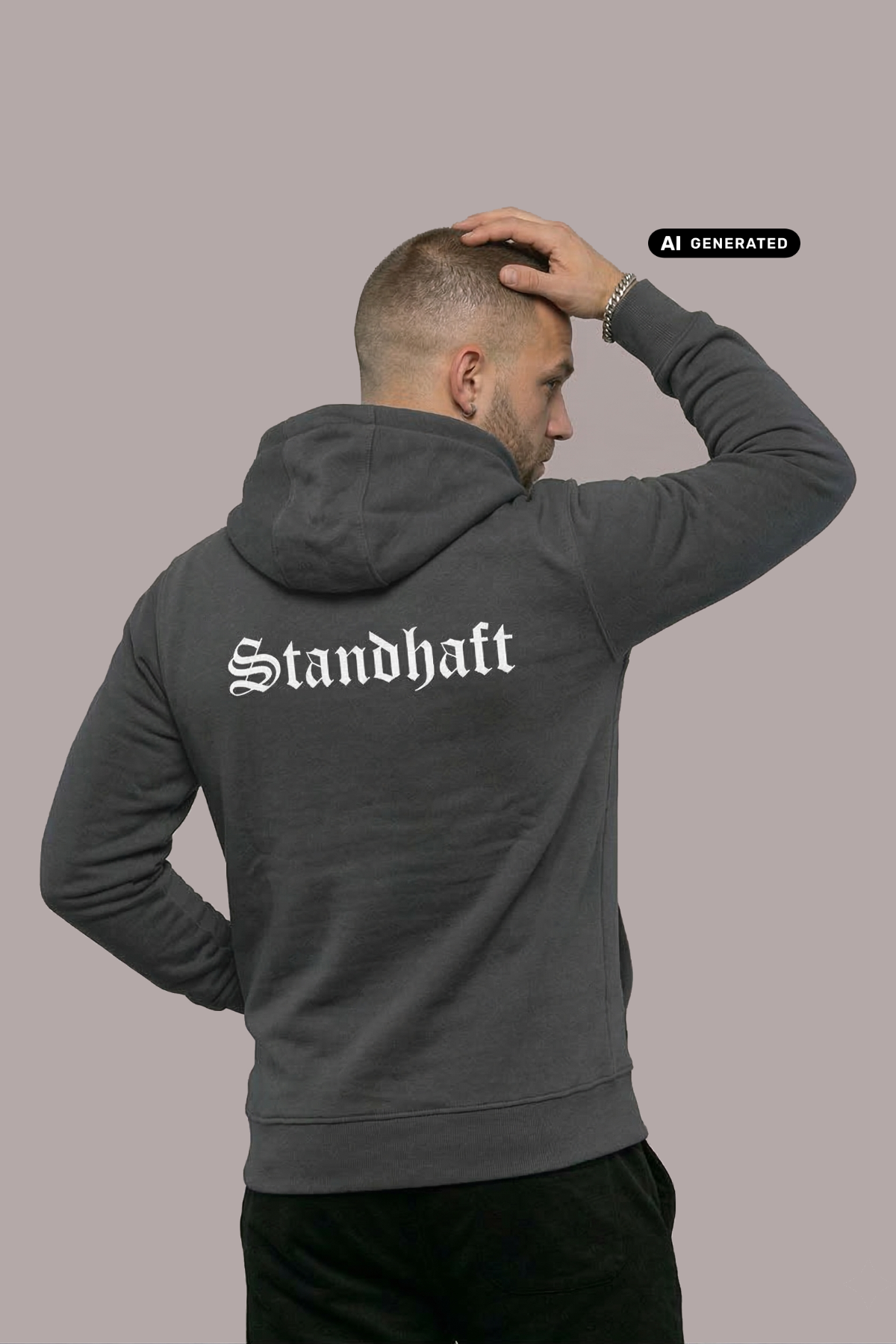 Ein Mann von hinten in einem dunkelgrauen Zip Hoodie mit weißem „Standhaft“-Schriftzug im altdeutschen Stil auf dem Rücken.