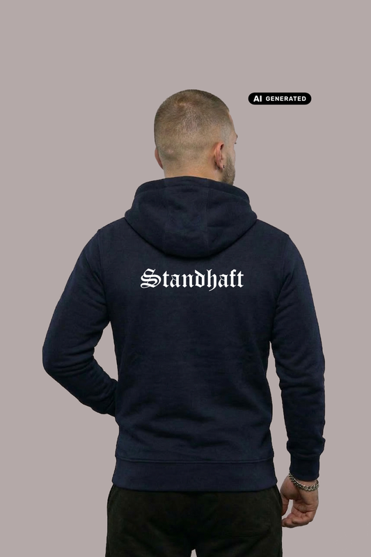 Ein Mann von hinten in einem dunkelblauen Zip-Hoodie mit weißem „Standhaft“-Schriftzug im altdeutschen Stil auf dem Rücken.