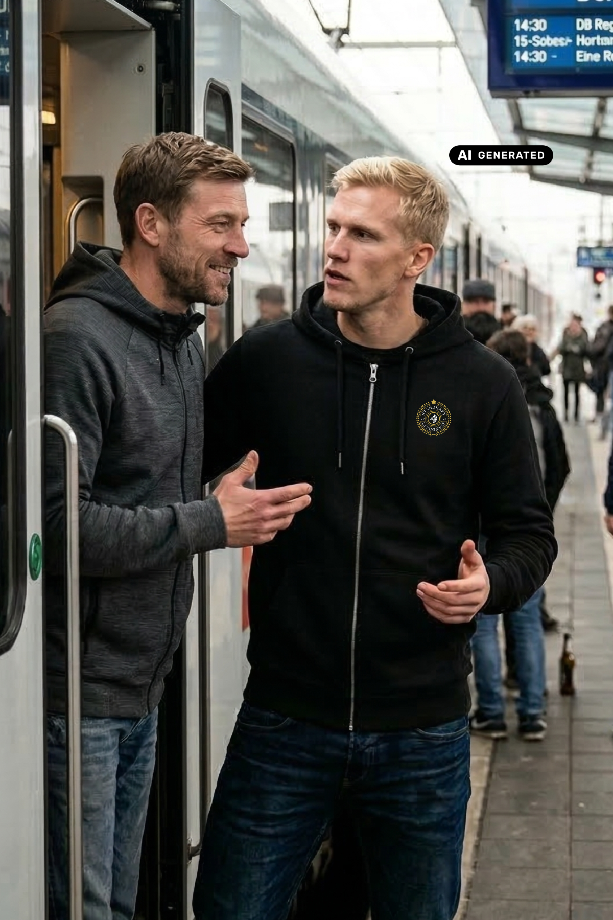 Zwei Männer stehen an einem Bahnsteig, wobei der rechte eine schwarze Zip-Jacke mit Kapuze und einem kreisförmigen, gelb-schwarzen „STANDHAFT“-Logo samt kleiner Krone auf der linken Brust trägt.