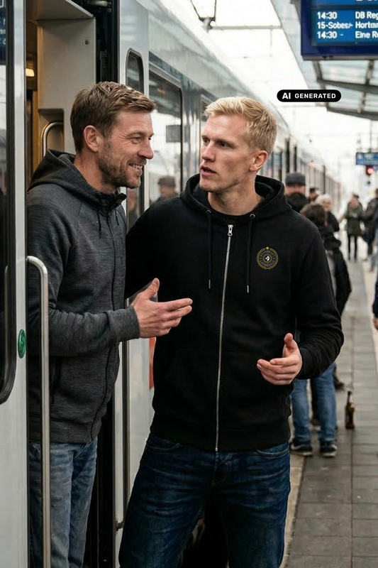 Zwei Männer stehen an einem Bahnsteig, wobei der rechte eine schwarze Zip-Jacke mit Kapuze und einem kreisförmigen, gelb-schwarzen „STANDHAFT“-Logo samt kleiner Krone auf der linken Brust trägt.