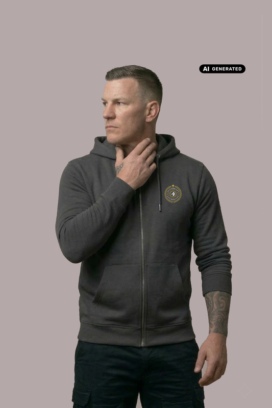 Ein Mann trägt eine dunkelgraue Zip-Jacke mit Kapuze und einem kreisförmigen, gelb-grauen „STANDHAFT“-Logo samt kleiner Krone auf der linken Brust.