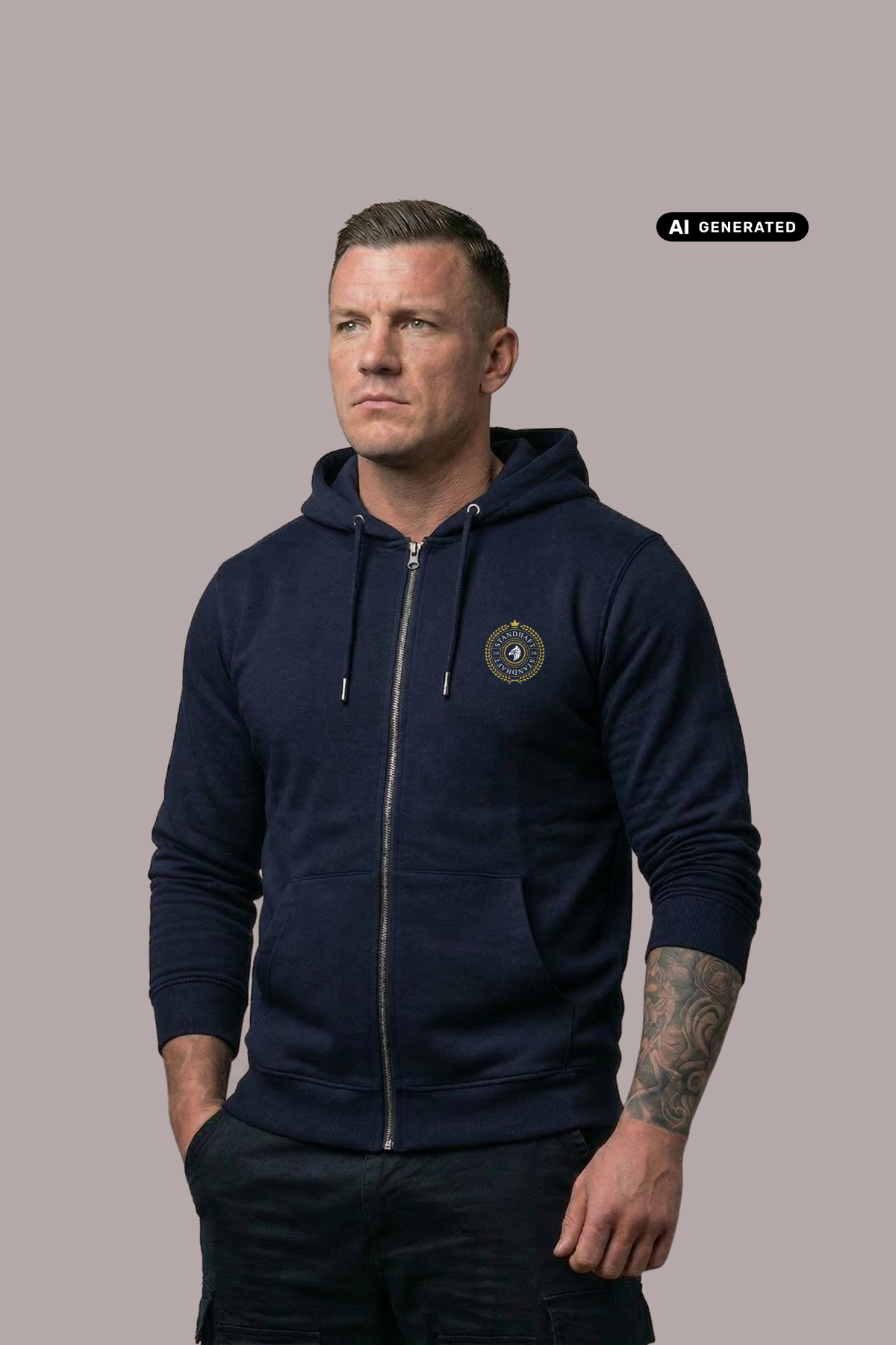 Ein Mann trägt eine dunkelblaue Zip-Jacke mit Kapuze und einem kreisförmigen, gelb-blauen „STANDHAFT“-Logo samt kleiner Krone auf der linken Brust.