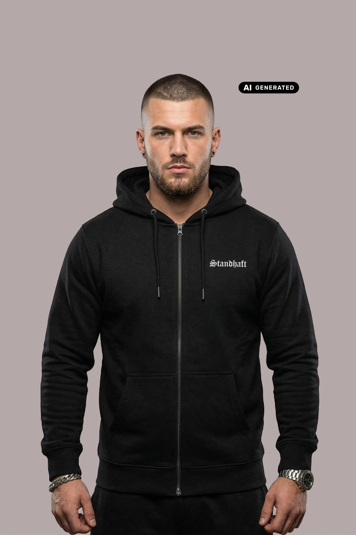 Ein Mann trägt eine schwarze Zip-Jacke mit Kapuze und einem kleinen, weißen „Standhaft“-Schriftzug auf der linken Brust.